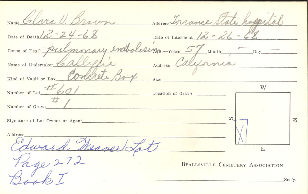 Clara V. Brown burial card